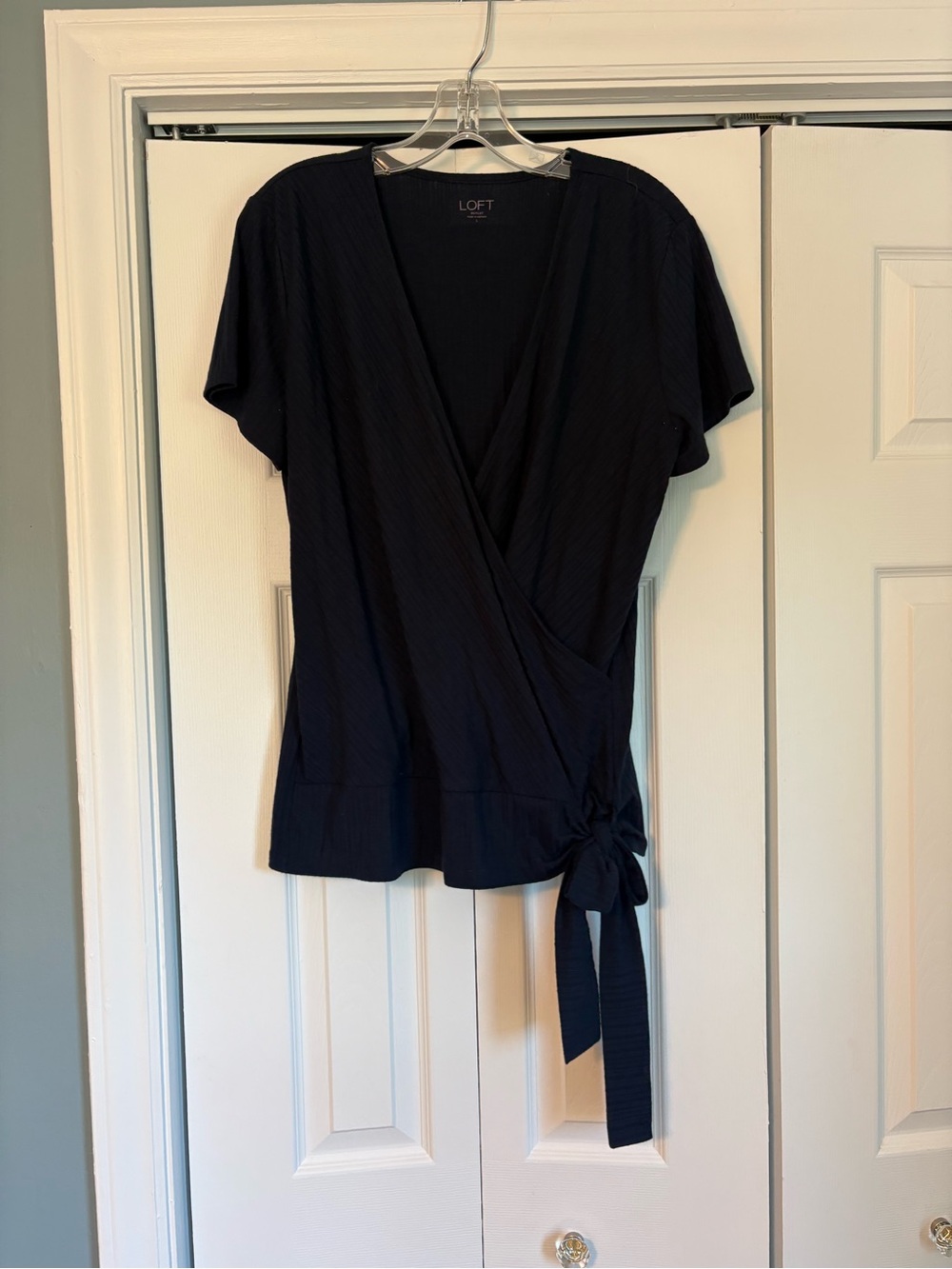 LOFT Navy Wrap Short-Sleeve Top with Side Tie